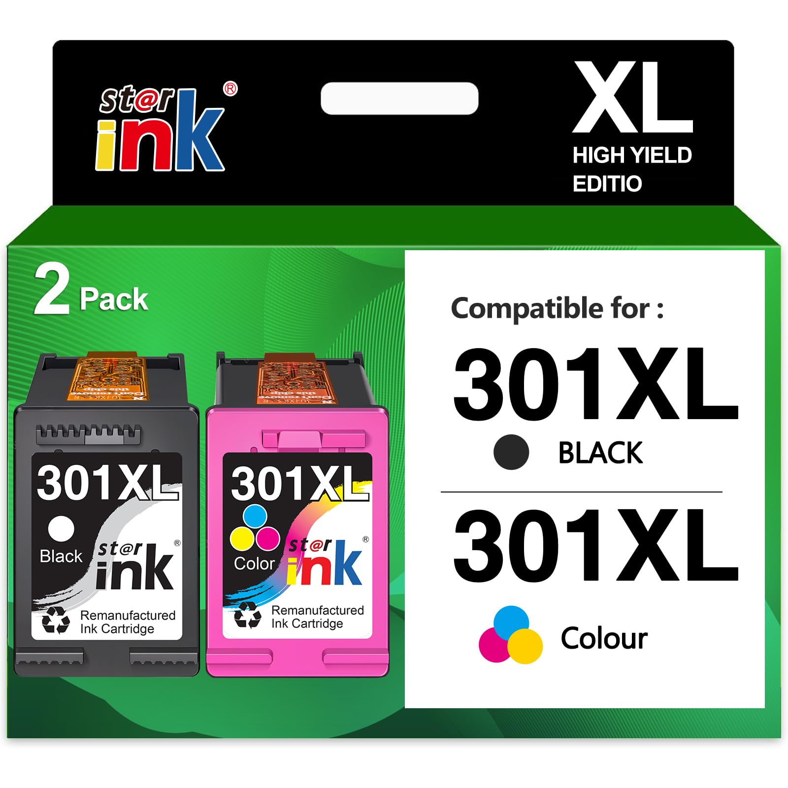 301XL Ink Cartridges Black and Colour Remanufactured Combo Pack, Compatible with HP 301 XL, for Envy 4500 5530 5532 4502 4507 DeskJet 2540 2050 OfficeJet 2620 2622 4630 Printers (2-Pack)