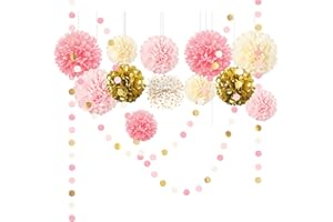 AOBKIAT Wedding Baby Shower Decorations Set,15PCS Pink Gold Tissue Paper Pom Poms,Circle Dots Colorful Paper Garland String Hanging Backdrop for Birthday Party,Gender Reveal Celebration Decor