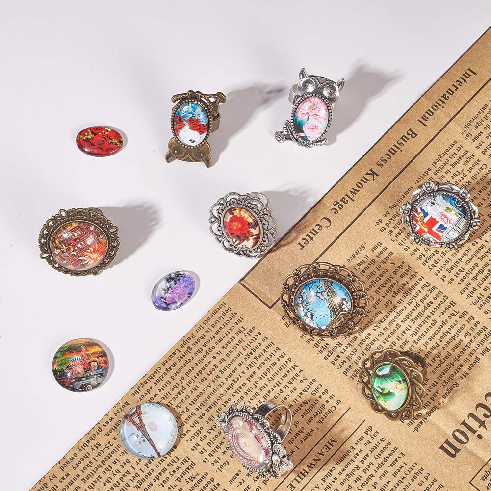 SUNNYCLUE 24pcs Mixed Adjustable Ring Blanks Cabochon Jewelry Making Kit Finger Ring Settings Clear Glass Cabochons Oval Round for Jewelry Making Adult Crafting, Antique Silver Bronze