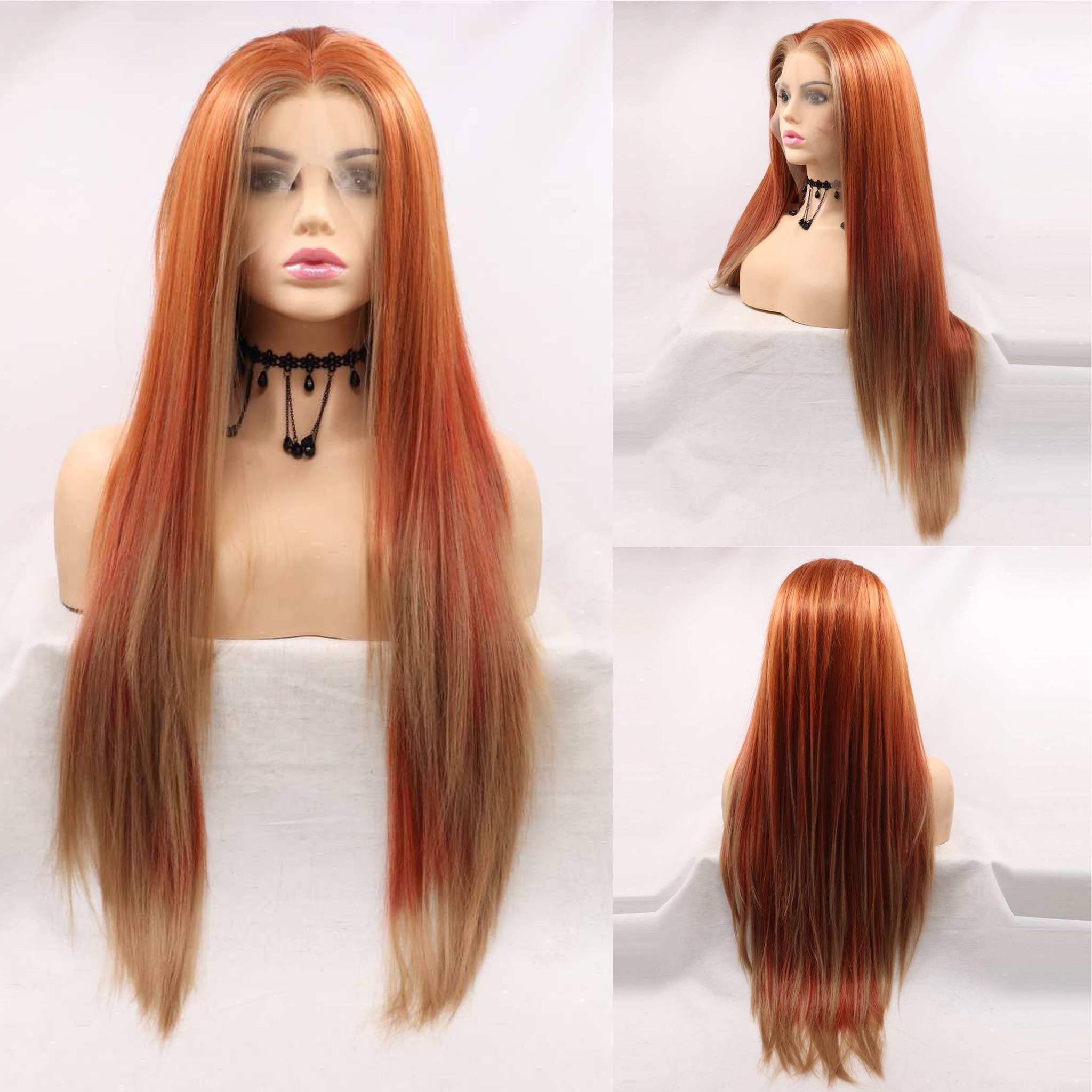 xiweiya Highlight Blonde Wigs Long Mixed Brown Orange Silky Straight Synthetic Lace Front Wig with Blonde Tips Ginger Red Hair for Women Heat Resitiant Fiber Heat Resistant Fiber Hair 24inch