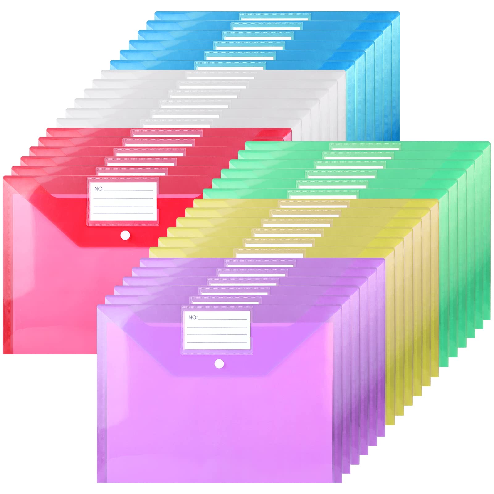 Plastic Wallets - A4 Plastic Folders Document File Folder Plastic Popper Wallet with Label Pocket- 36PCS