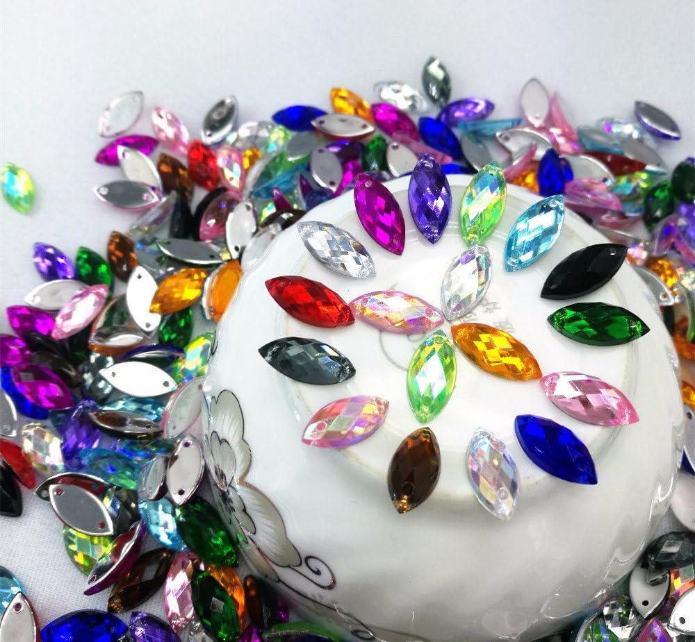 120PCS Colorful Sewing Flatback Rhinestones Horse Eye Acrylic Beads 7x15mm Sew On Strass Crystal Stones for DIY Clothes Decoration (Mixed Color)