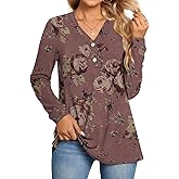 BISHUIGE Womens Button Up T-Shirts Long Sleeve Henley Tunic Tops V-Neck Casual Sweatshirt