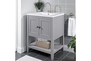 DOOMOOK 24" Bathroom Vanity with Integrated Ceramic Sink, Floor Standing Single Basin Vanity Set with 2 Soft Closing Doors and Open Shelf, Grey Bathroom Cabinet with Black Knobs