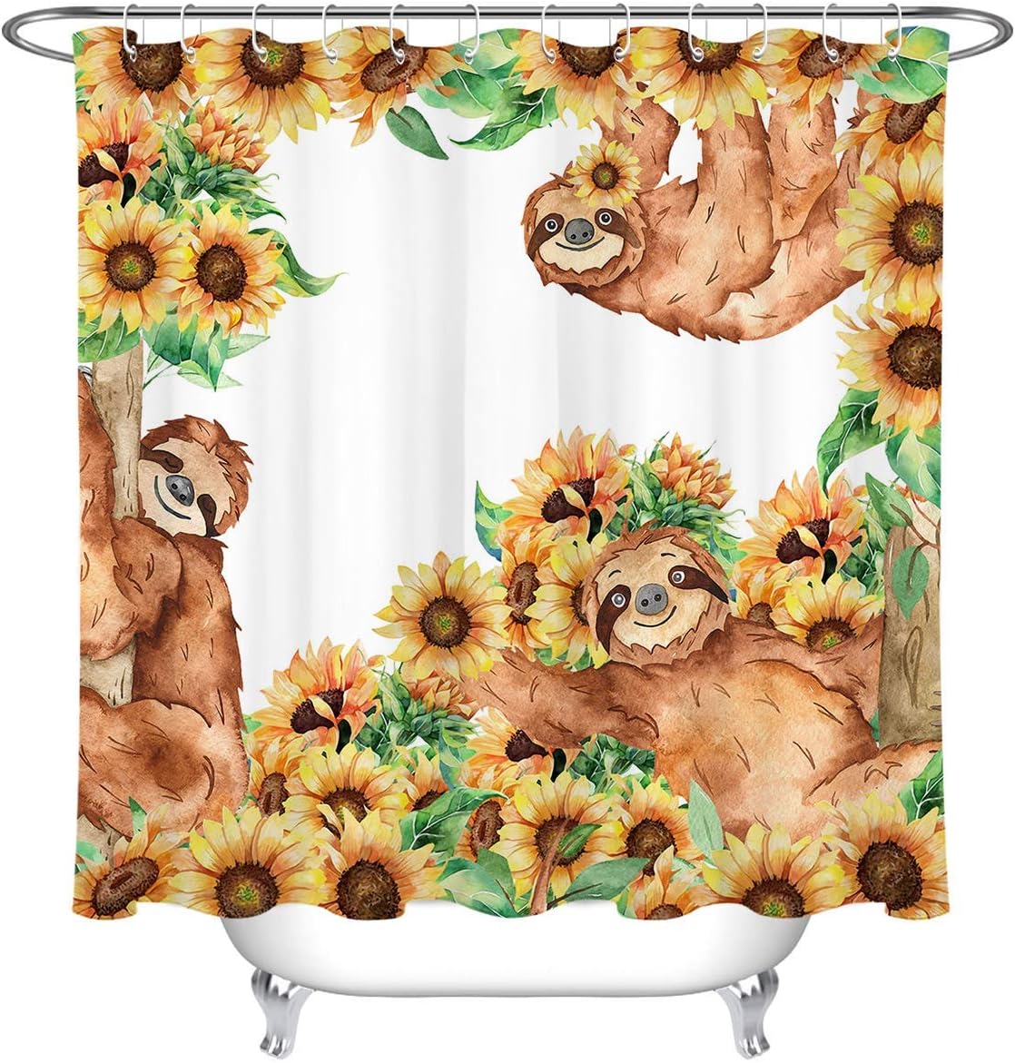 Rongx Sunflower Sloth Shower Curtain Watercolor Cute Funny