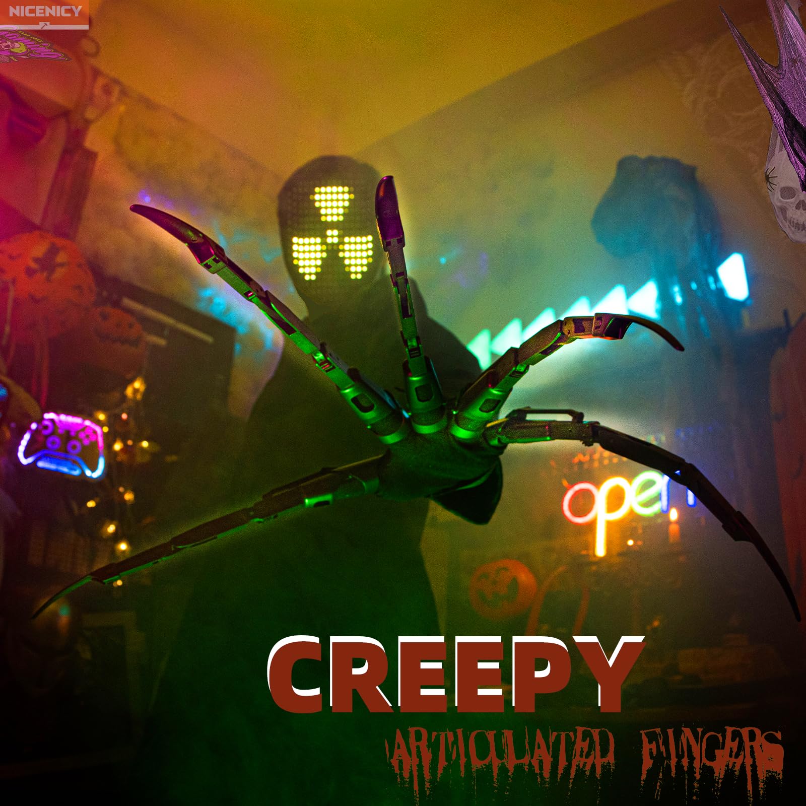 NICENICY New Articulated Finger Extensions With Protective Glove, Halloween Fingers With Fingernails, Long Claw With Gloves, Scary and Flexible Skeleton Claws Hands (Black+Black Nail)