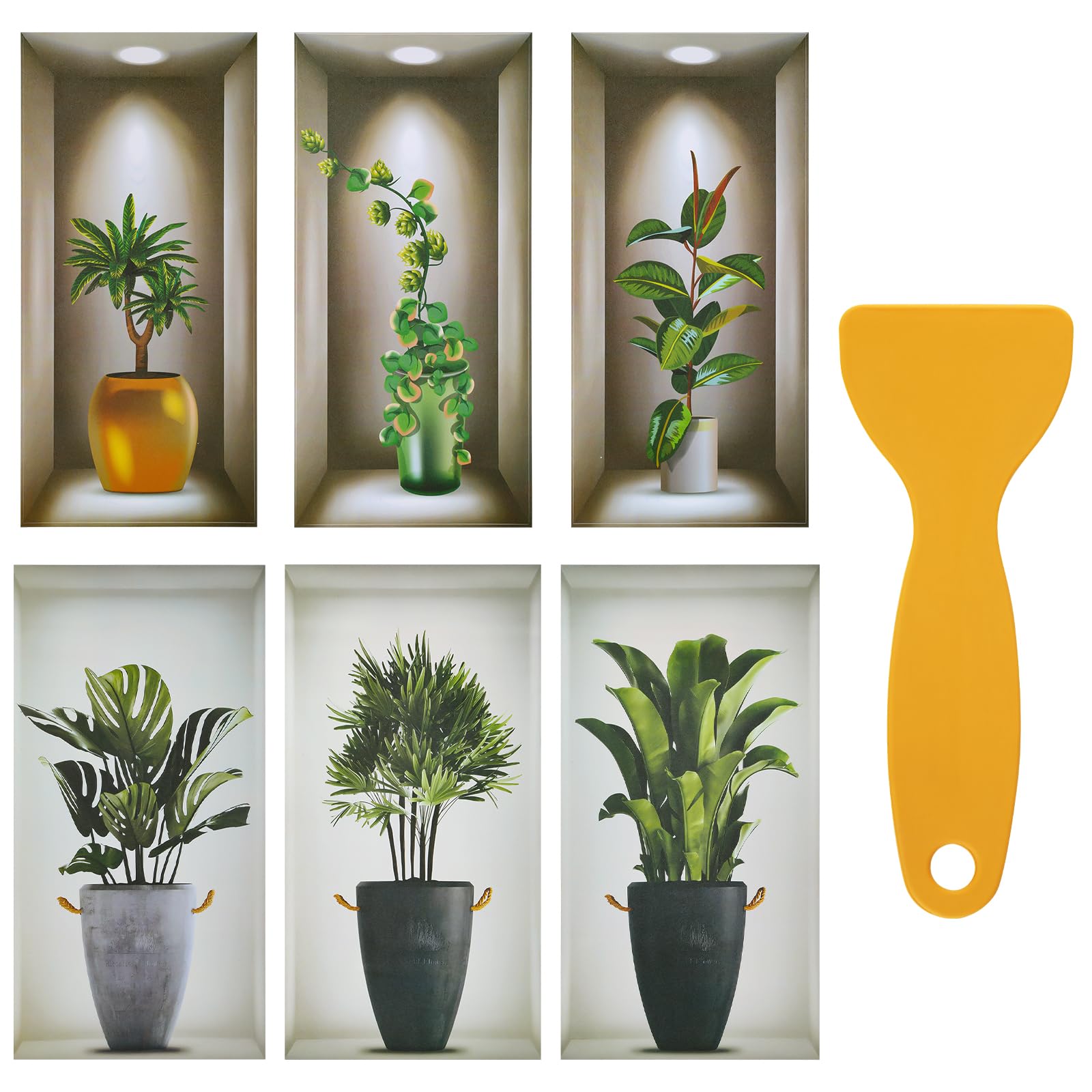 Pack of 6 3D Green Plant Wall Stickers, Removable PVC Bonsai Wall Stickers, Potted Plant Wall Stickers, Vase Wall Stickers, Green Leaves Wall Pictures with Spatula for Bedroom, Living Room, Dining