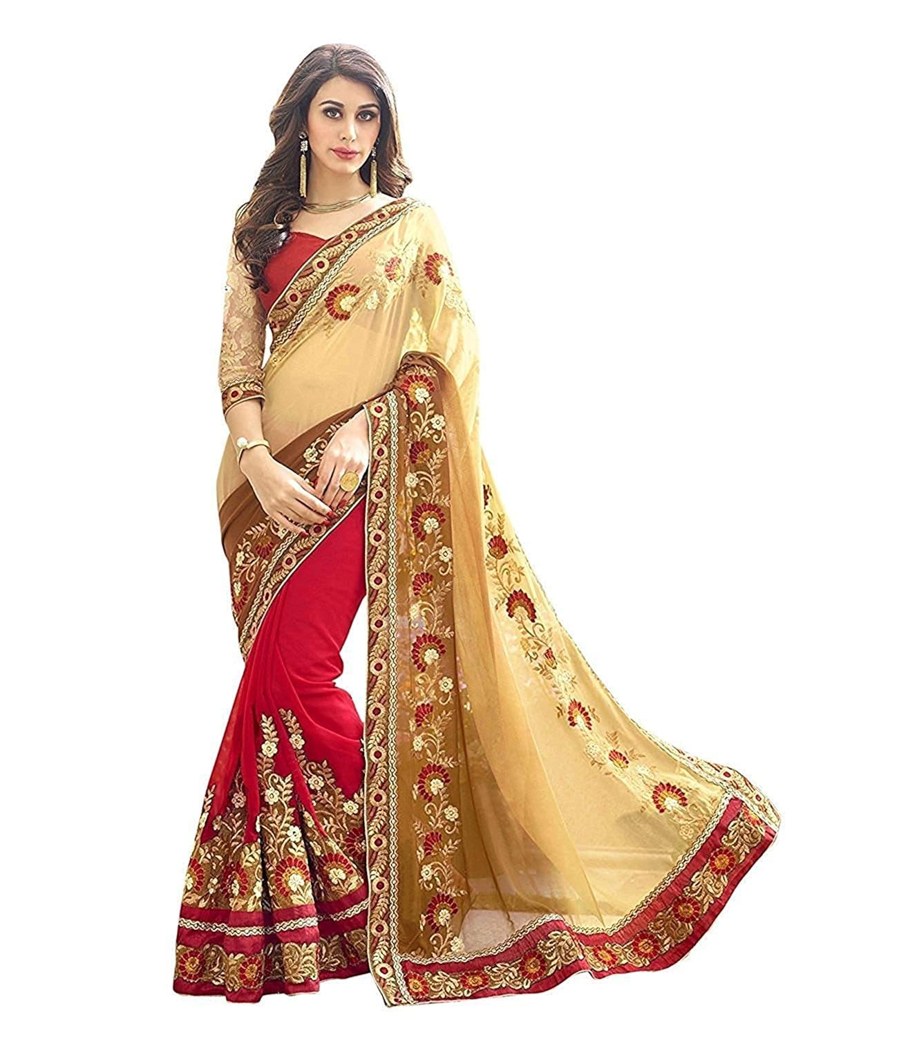 ruchika fashion women's georgette saree (beige_free size)