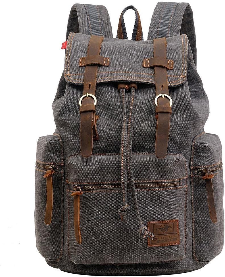 Vintage Unisex Casual Leather Backpack Canvas Rucksack Bookbag Satchel Hiking Backpack Travel Outdoor Shouder Bag (Grey) 27.9 x 16 x 41.9 cm