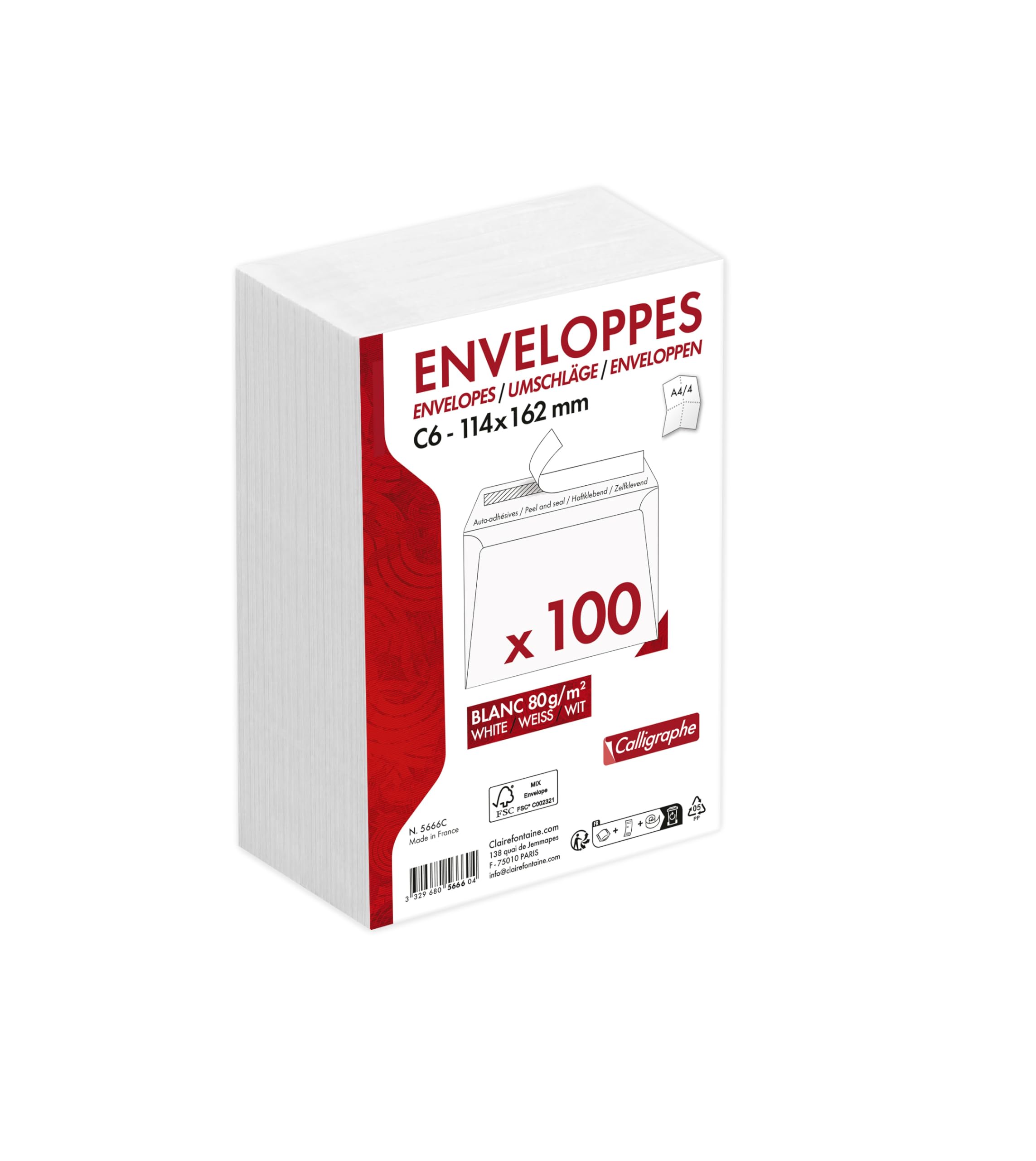 Clairefontaine 5666C - Pack of 100 Calligraphy Envelopes C6-114 x 162 mm, Self-Adhesive, 80 g, White, 1 Pack