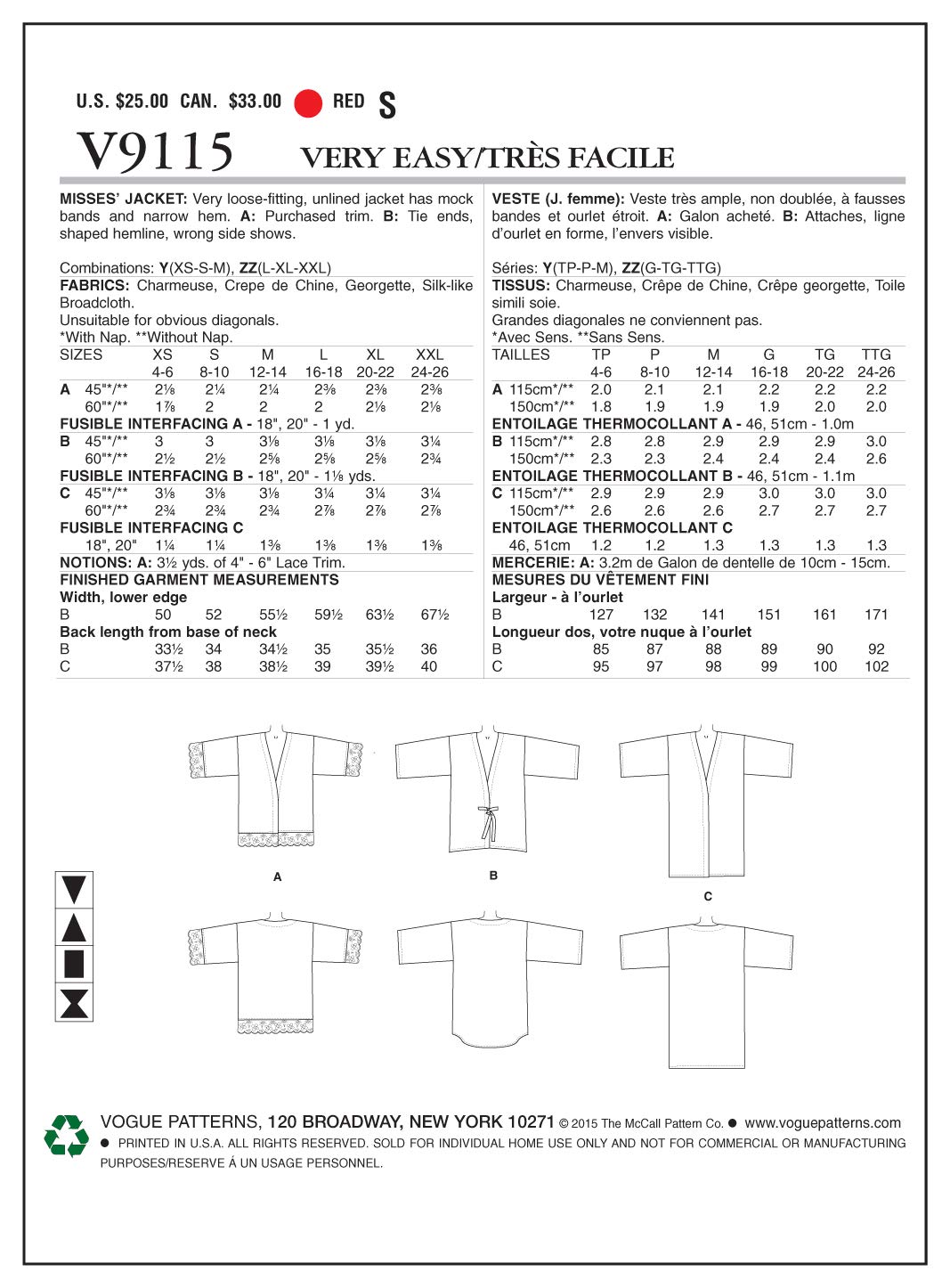X Small Medium 4 6 Med Sml Vogue Patterns 9115 Y Misses Jacket Sizes Xsm 8 10 Us 12 14 Home Kitchen Arts Crafts Springcanyonwsd Com