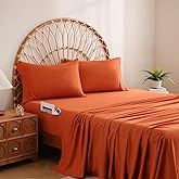 JSD Burnt Orange Queen Sheet Set with Side Pocket Corner Straps, 4 Piece Soft Microfiber Bed Sheets Extra Deep Pocket