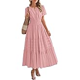 BTFBM Womens Summer 2026 Casual Midi Maxi Dresses Lightweight Short Sleeve V Neck Elastic Waist Boho Beach Dress Pockets