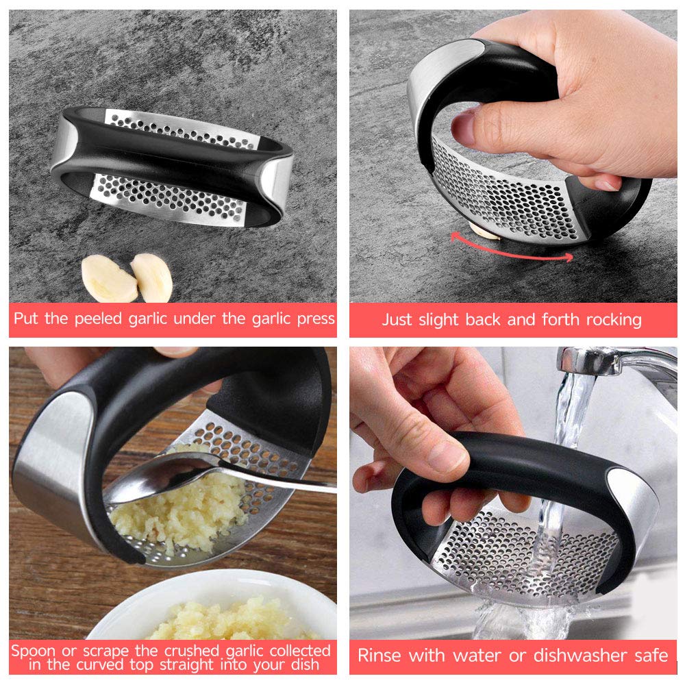 Urbeutyke Garlic Press 304 Steel Stainless Garlic Crusher Professional Grade Manual Garlic Squeezer Masher Tool with 1PC Upgrade Silicon Garlic Peeler