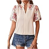 SweatyRocks Women's Floral Print Blouse Top Puff Sleeve V Neck Stand Collar Shirt