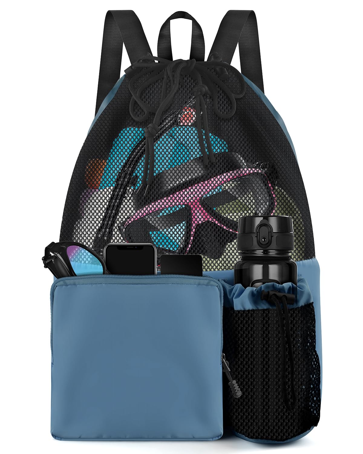 BROTOU Drawstring Mesh Swimming Bag, 30 Litre Water Sports Backpack with Wet/Dry Pocket, Multifunctional Sports Bag for Kids, Adults, Swimming, Surfing, Beach, Travel (C, Dark Blue)