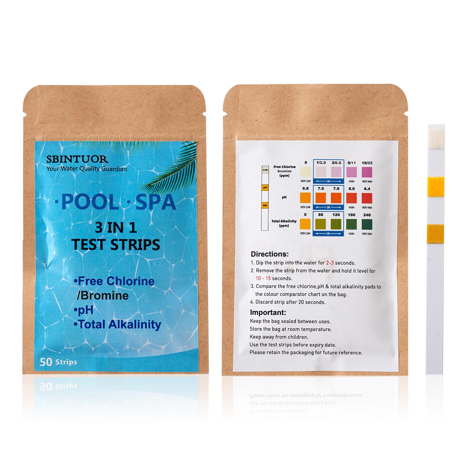 SBINTUOR Hot Tub Test Strips 3 in 1, Pool Testing Strips PH Test/Chlorine Test/Total Alkalinity, Water Quality Tester for Hot Tubs, Swimming Pools, Spa - 50 Strips