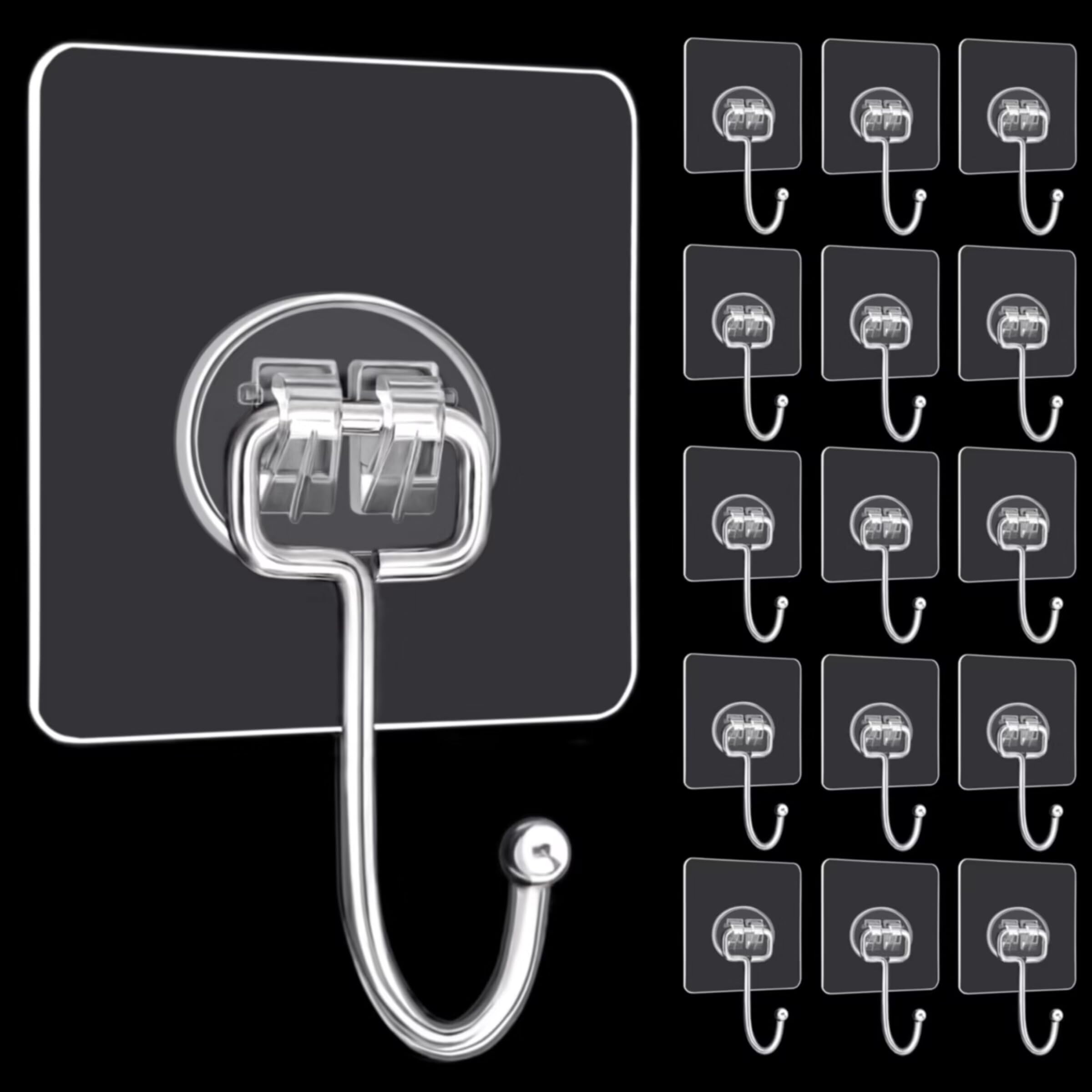 View 1 of *** item is used/parts may be missing DKHDBD Large Adhesive Hooks, 16-Pack Hold 33lb(Max) Heavy Duty Sticky Hooks, Waterproof Transparent Hooks for Hanging, Self-Adhesive Traceless Clear Wall Hooks to Use for Keys Robe & Towel