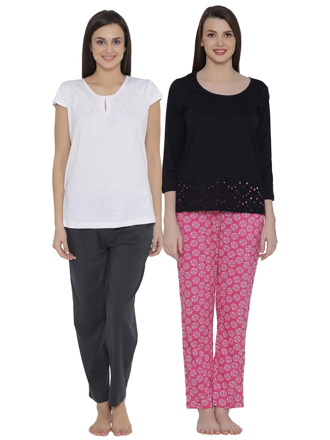 clovia women's pack of 2 multicolored printed top & pyjama set