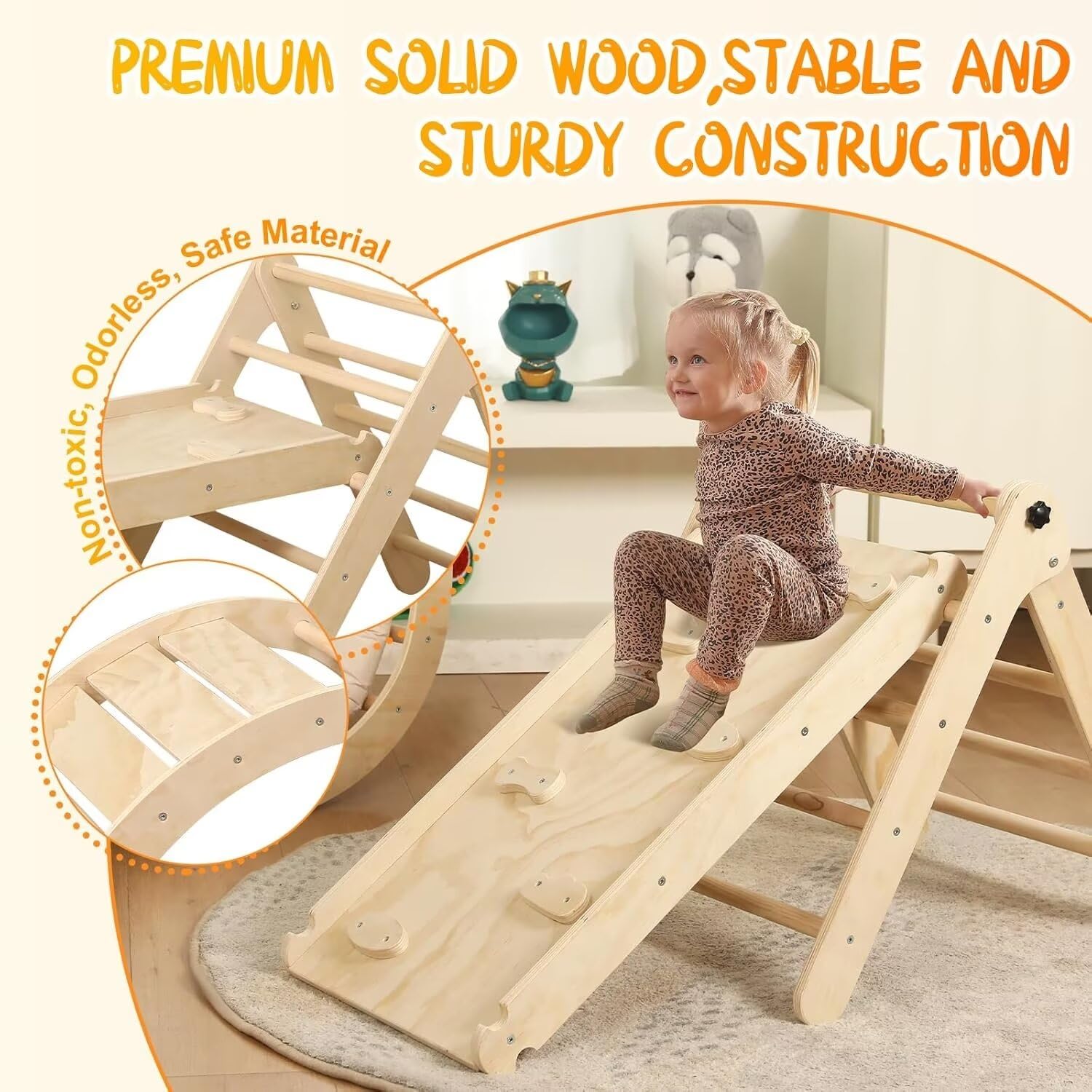 Pikler Triangle Set with Cushion, 7 in 1 Toddler Climbing Toys Indoor, Montessori Foldable Climbing Set, Wooden Climbing Toys for Toddlers Inside with Ramp, Arch and Ladder (Nature Wood)