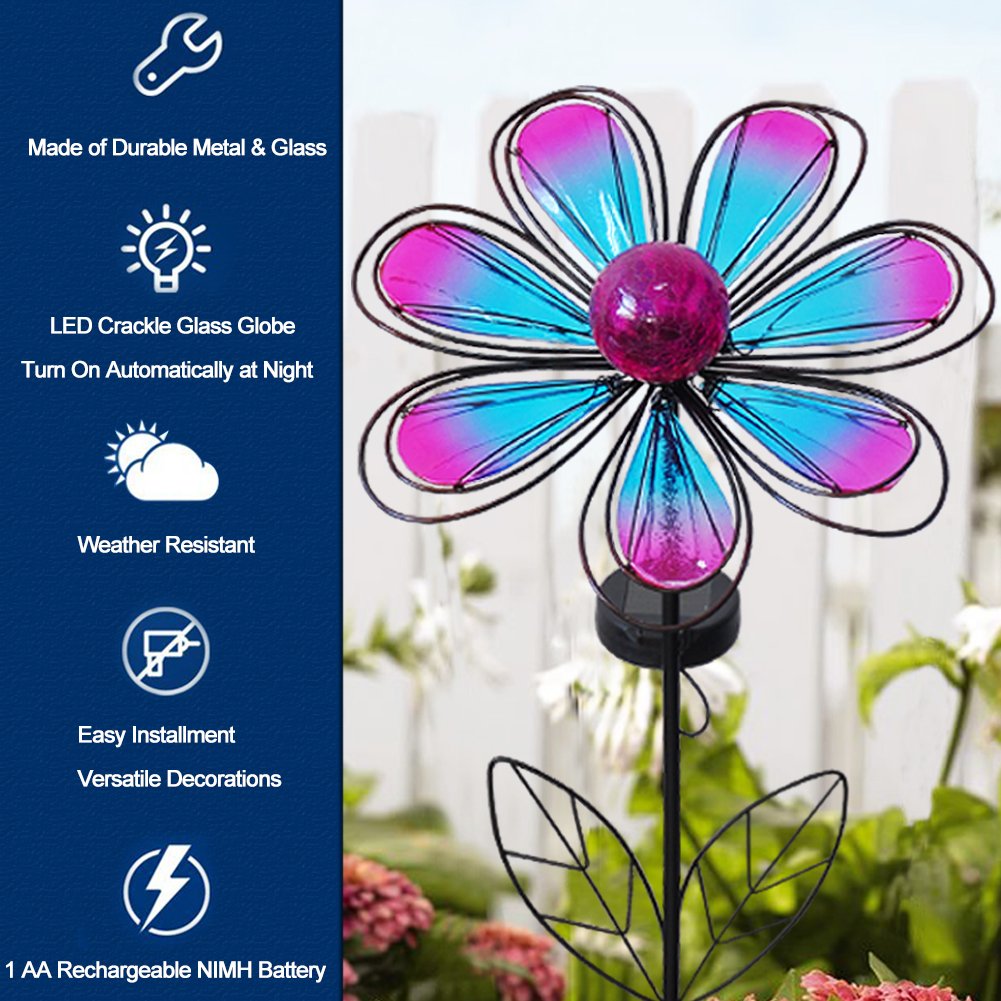 BRIGHT ZEAL 12" Large METAL GLASS Solar Flowers Yard Art Outdoor