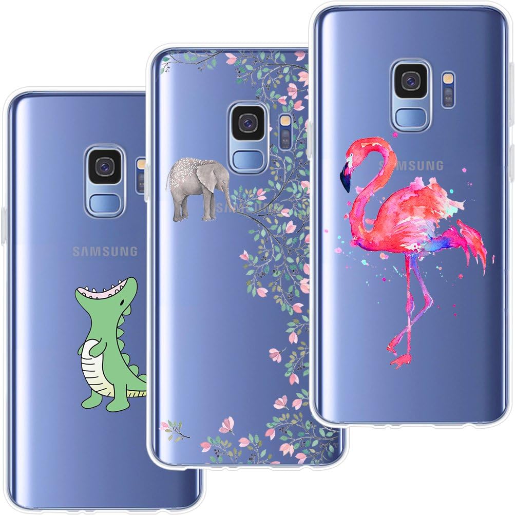 [3 Pack] Samsung Galaxy S9 Case, Shumeifang Ultra Thin Soft Gel TPU Silicone Case Cover with Cute Cartoon for Samsung Galaxy S9 - Crocodile & Elephant Flowers & Flamingo