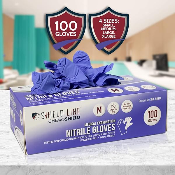SHIELD LINE NITRILE MEDICAL EXAMINATION GLOVES – CHEMOTHERAPY-RATED DISPOSABLE FOR DOCTORS & NURSES- LATEX & POWDER FREE (1000, X-LARGE)
