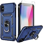 Weycolor for iPhone X Case, iPhone Xs Case with Camera Lens Cover, HD Screen Protector, 10 FT Military Grade Drop Protection, Magnetic Ring Holder Kickstand Phone Case for iPhone X/Xs(Navy Blue)