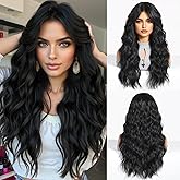 Caelusi Black Wig with Bangs Long Wavy Wigs for Women Curtain Bangs Wig Layered 24 Inches Long Black Curly Wigs Womens Natural Looking Synthetic Wig Hair Replacement for Girls Daily Party Cosplay Use