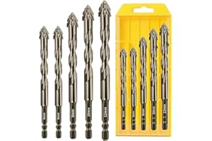 5 Piece 4 Tooth Drill Bit High Strength Eccentric Drill Bit Set for Concrete/Glass/Cast Iron/Tile/Wood. Hexagonal Shank Drill