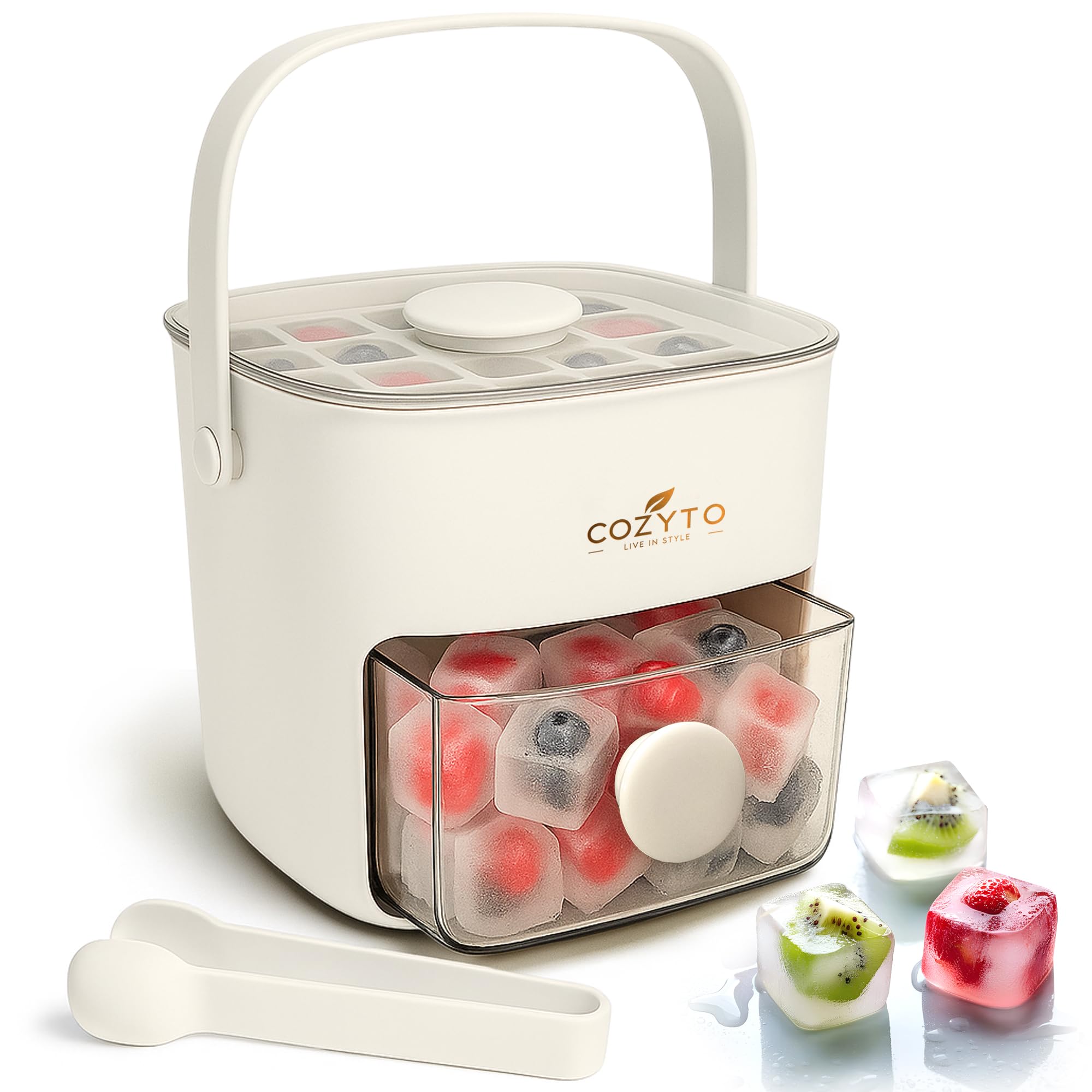 Photo 1 of COZYTO CubeGo Ice Cube Tray with Lid and Storage Bin – One-Press Release, 48 Mini Ice Cubes, BPA-Free, Odor-Proof, Includes Scoop – DIY Fruit Ice for Cocktails, Drinks & Smoothies (Cream White)