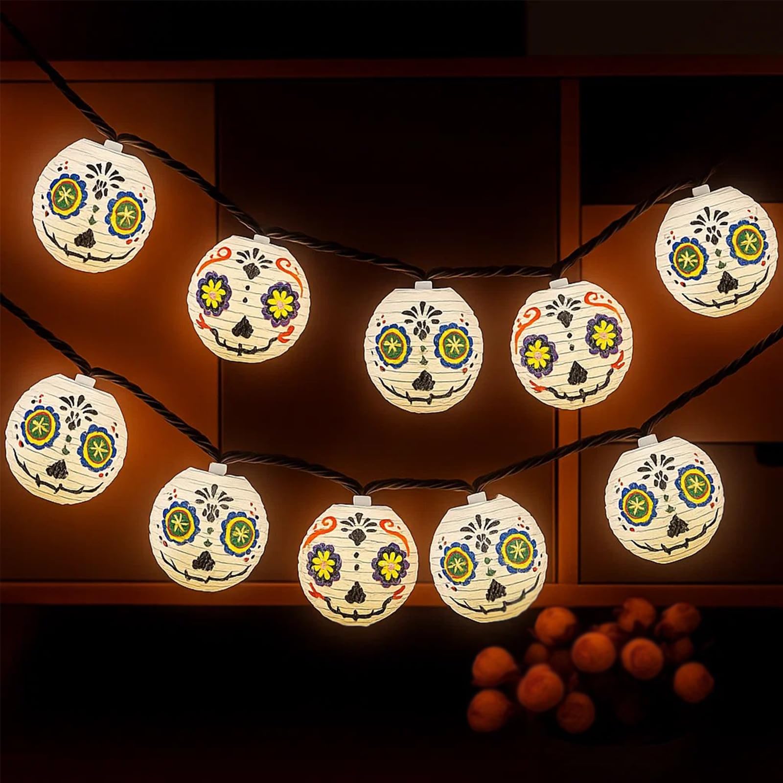 Photo 1 of Halloween Jack Skellington Ghost Lights, 8.5FT Connectable String Lights with 10 LED Nylon Lanterns, Indoor Outdoor Halloween Decorations for Bedroom, Party, Fireplace, Yard