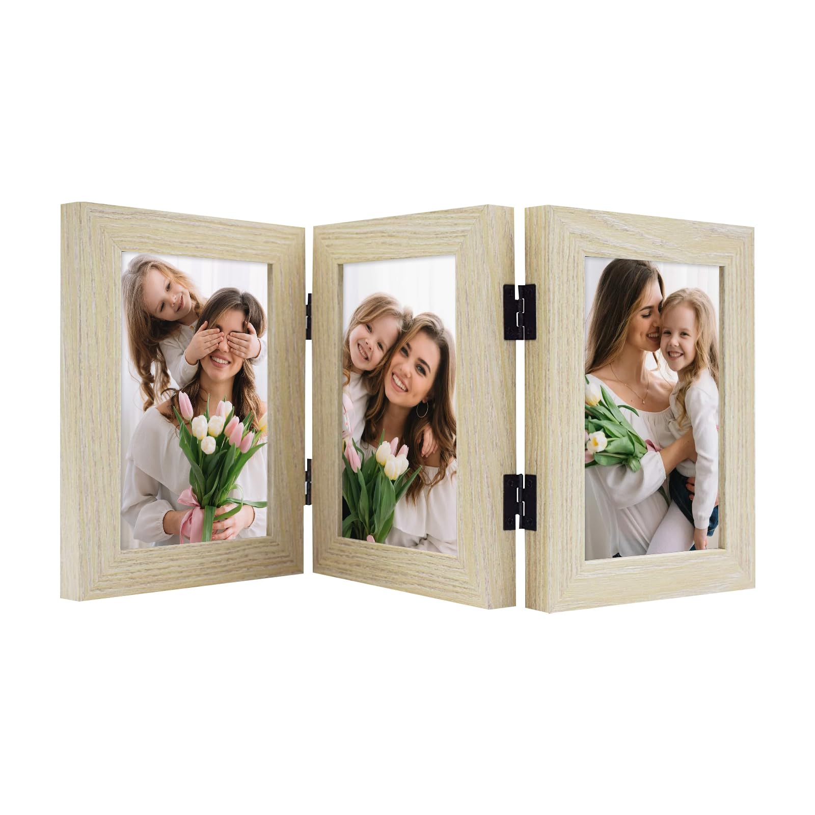 Frametory, 4x6 Trifold Picture Frame Hinged Photo Frames Three Folding Frame Desktop Glass Frame Vertical (Beige, 4x6 Triple)