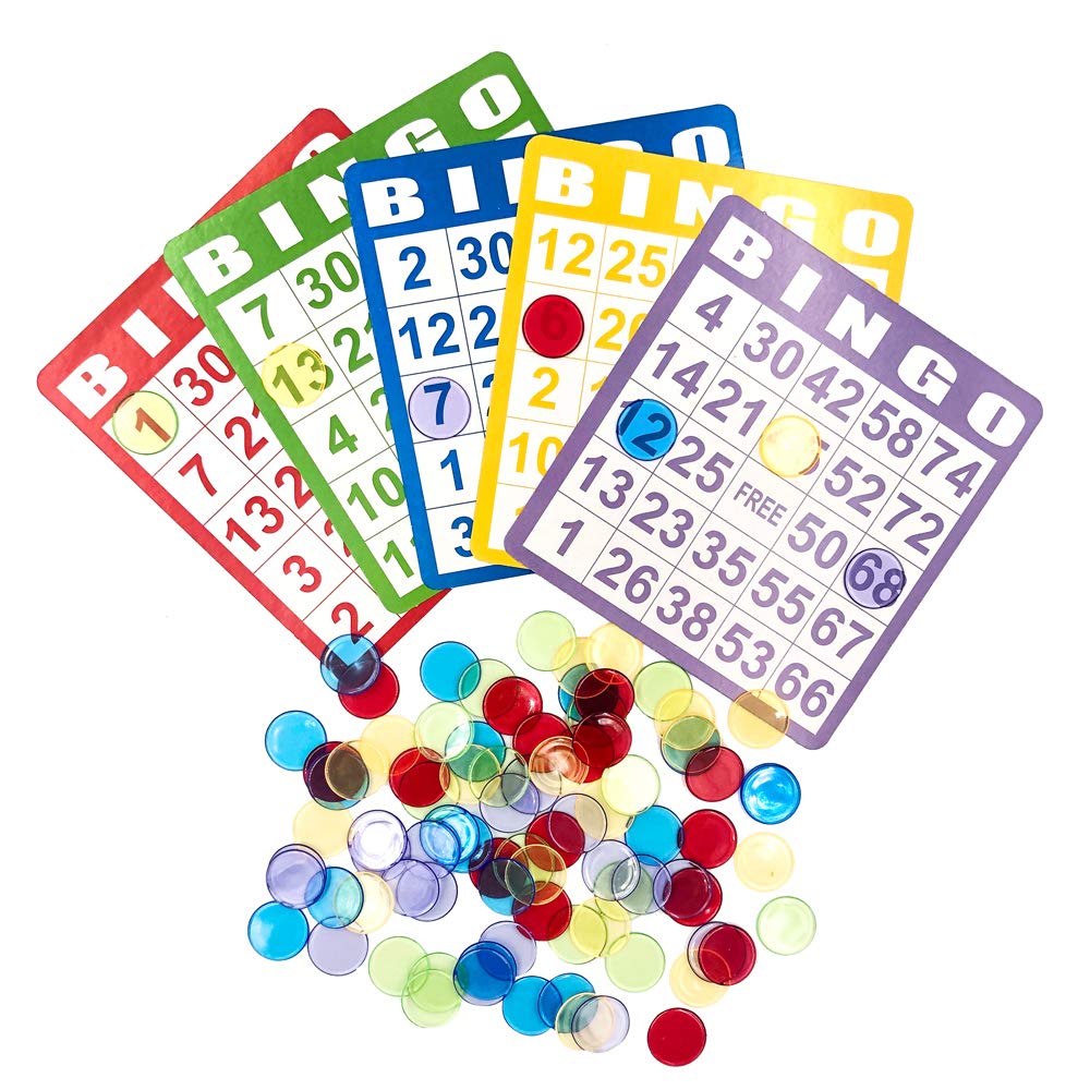 YH Bingo Game Set with 100 Bingo Cards and 1000 Colorful Transparent