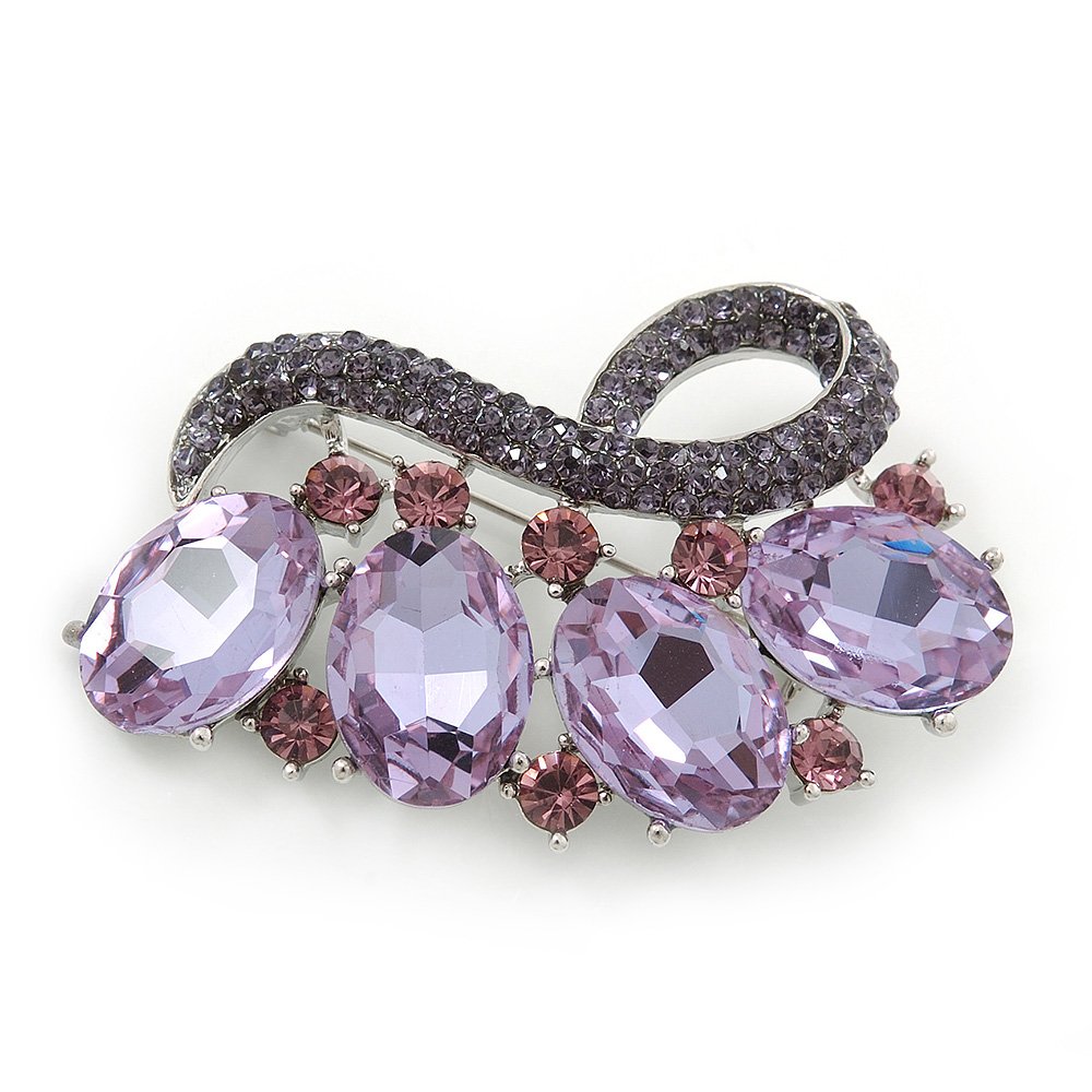 Contemporary Amethyst Oval Glass, Lavender Crystal Brooch In Rhodium Plating - 60mm Across