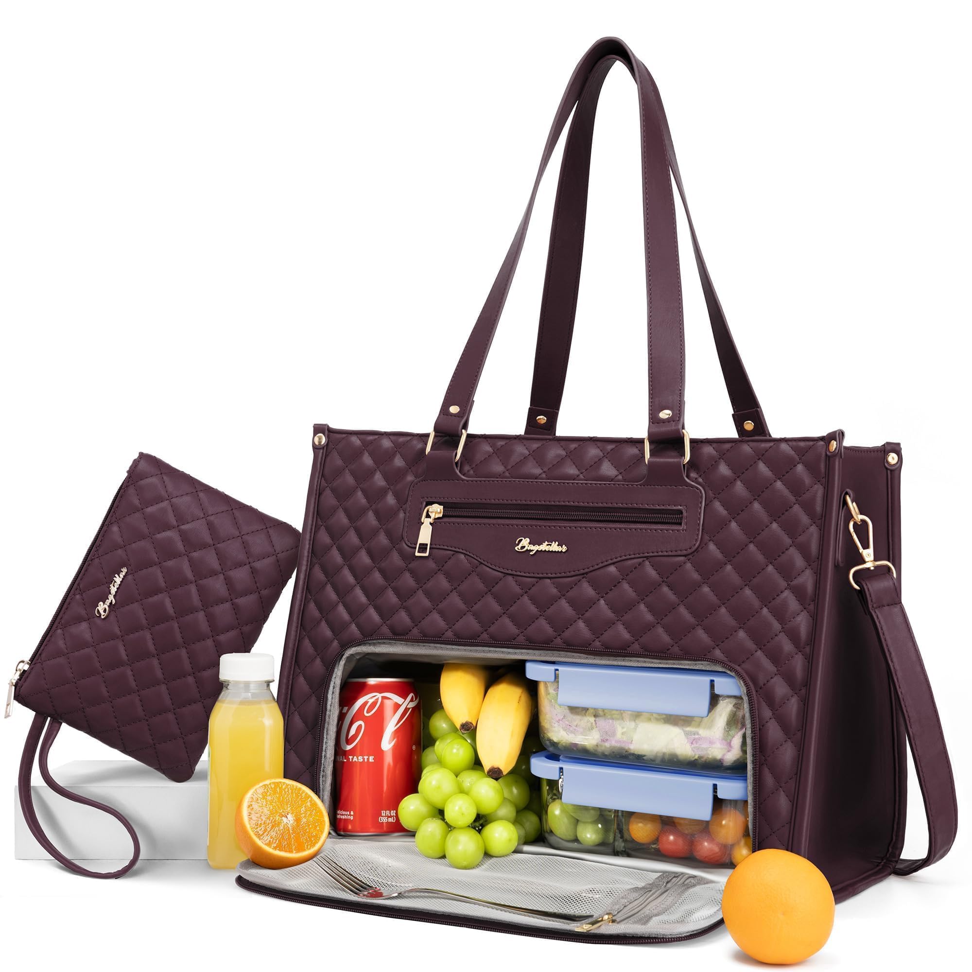 View 1 of Bagstellar Lunch Tote Bag for Women, 15.6 Inch Laptop Work Bag with Insulated Lunch Box Compartment & Purse Large Capacity Quilted Computer Handbag for Office Business Work Nurse Teacher Travel Casual