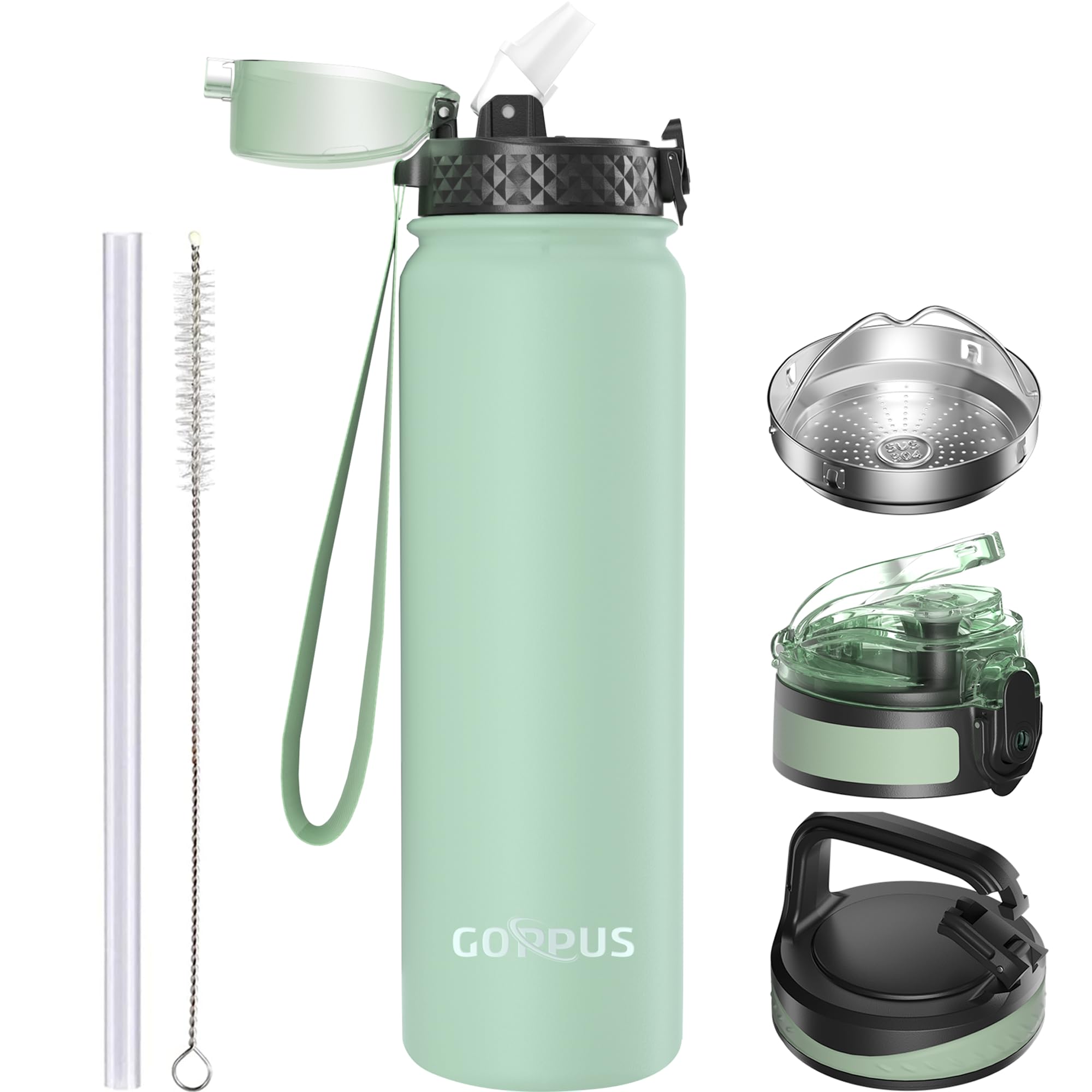 GOPPUS 1L/32oz Stainless Water Bottle with Straw Double Wall Insulated Bottles with Strap Reusable Vacuum Thermal Flask Leakproof Keep Cold Drinks Bottles with Flip Top Lid for Gym Men Women BPA Free