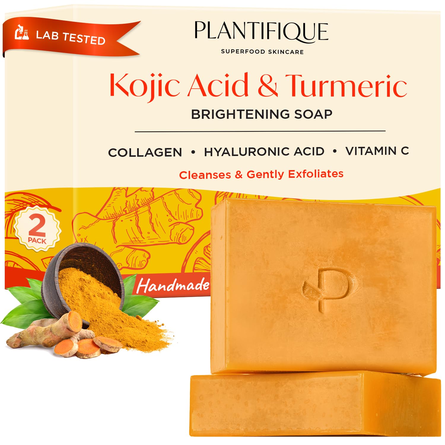 PLANTIFIQUE Kojic Acid Soap for Hyperpigmentation, Turmeric Soap 2 Bars, Hyaluronic Acid, Collagen, Vitamin C, Face Wash, 160g