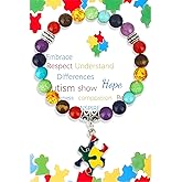 LANWLOSI Autism Awareness Bracelet For Women Men 7 Chakra Gemstone Natural Stone Beaded Bracelet With Puzzle Piece Pendant Elastic Autism Bracelet Healing Chakra Crystal Bracelet Jewelry Gifts