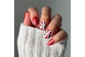Glamnetic Press On Nails - Candy Crush | Short Oval Fake Nails with Candy Cane Swirl Design in a Velvet Finish, Salon Quality Holiday Nails | 15 Sizes - 30 Nail Kit with Glue