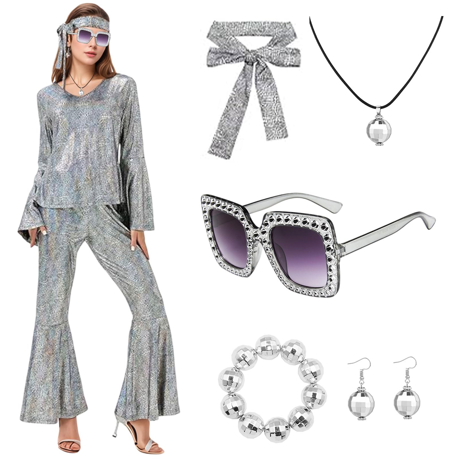 Crittygo 70s Disco Outfit for Women, Shiny Disco Costume Set with Glasses Necklaces Bracelet, Sparkle Flare Fancy Dress Up for Halloween Stag Do Party