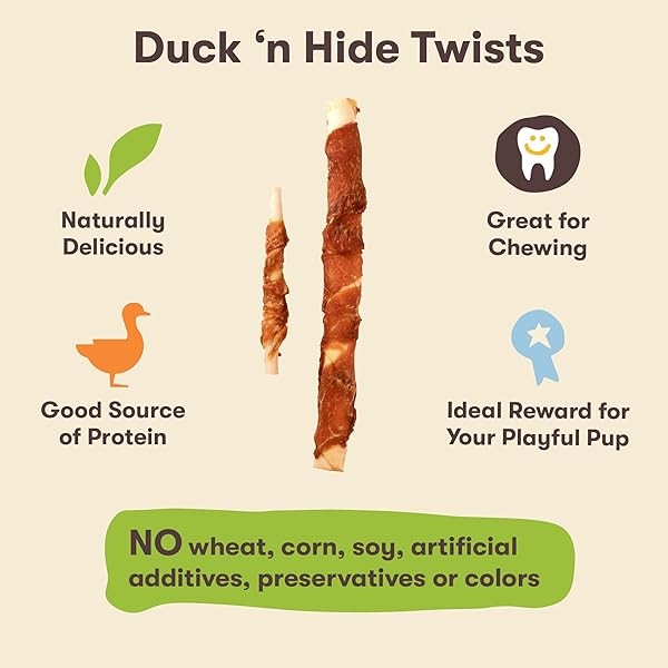 PET ‘N SHAPE DUCK ‘N HIDE TWIST – DUCK WRAPPED RAWHIDE NATURAL DOG TREATS, LARGE, 6 COUNT