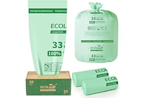 ECOLipak 33 Gallon Compostable Trash Garbage Bags, 50 Count (2 Rolls) Biodegradable Heavy Duty Large Outdoor Trash Bags for Lawn/Yard, US BPI ASTM D6400 and OK Compost Home Certified