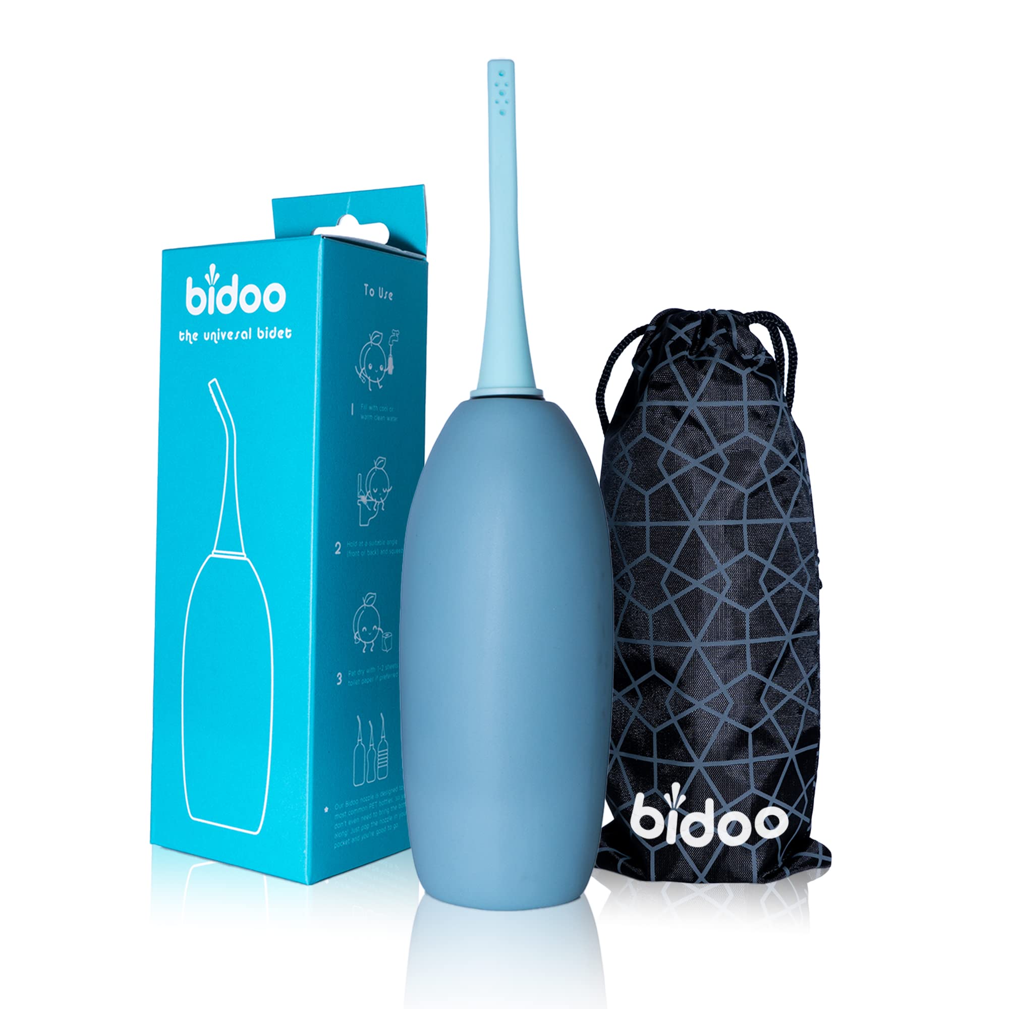 BIDOO Universal Portable Bidet Bottle with Soft Silicone Nozzle, Leak-Proof Cap & Nylon Pouch – Compact Reusable Hygiene Hand Bidet for Travel, Elder Ease, New Moms & Pre/Post-Intimacy - Aqua