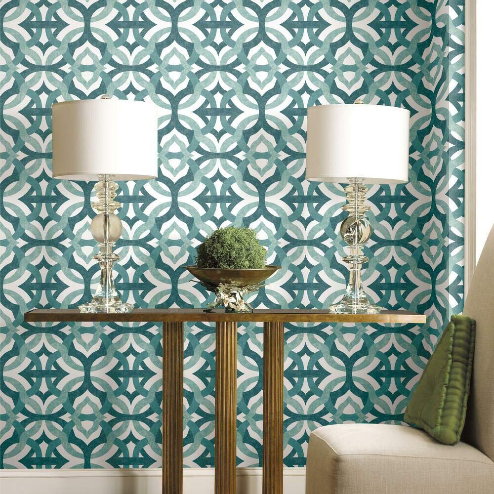 Waverly RMK11864RL Tipton Peel and Stick Wallpaper Teal and White