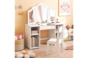 Costzon Kids Vanity, 2 in 1 Princess Makeup Desk & Chair Set with Detachable Tri-Folding Mirror, Storage Shelves, Wooden Toddler Vanity Dressing Table, Vanity Set for Little Girls (White)