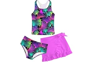 Cutemile Girls Swimsuit 3 Piece Bathing Suit Quick Dry Tankini Set with Cover Up Beach Skirt Bikini Swimwear 6-12 Years