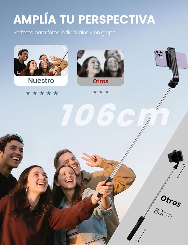 Tripé para selfies com comando remoto, compatível com iPhone Android