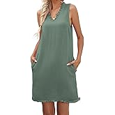 Famulily Women Cute Sleeveless Ruffled Deep V Neck Dresses Cotton Linen Dress for Summer Casual Shift Dress with Pockets