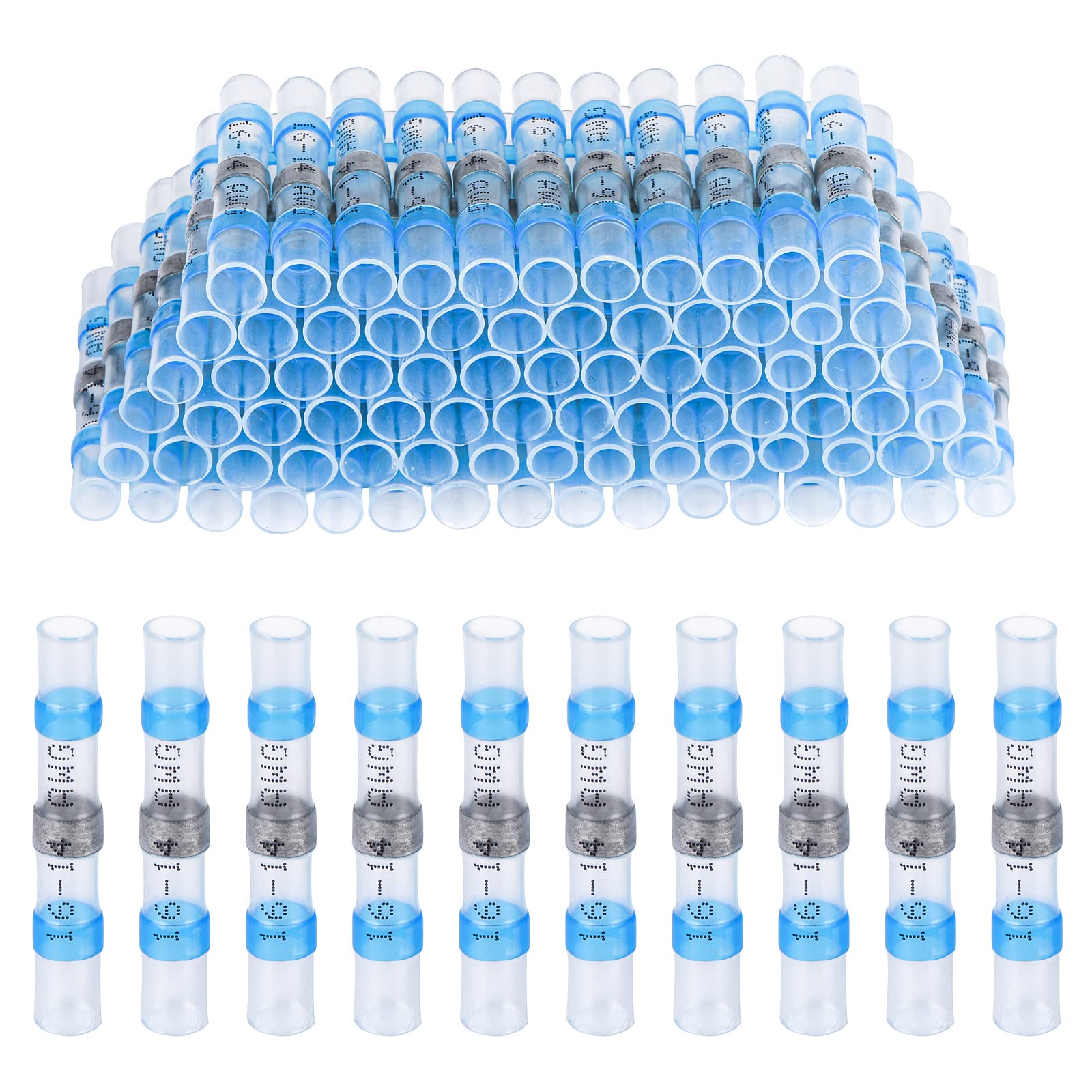 100 PCS Solder Seal Wire Connectors Heat Shrink Solder Butt Connectors Waterproof Insulated Electrical Butt Splice Wire Terminals, Blue 16-14 AWG